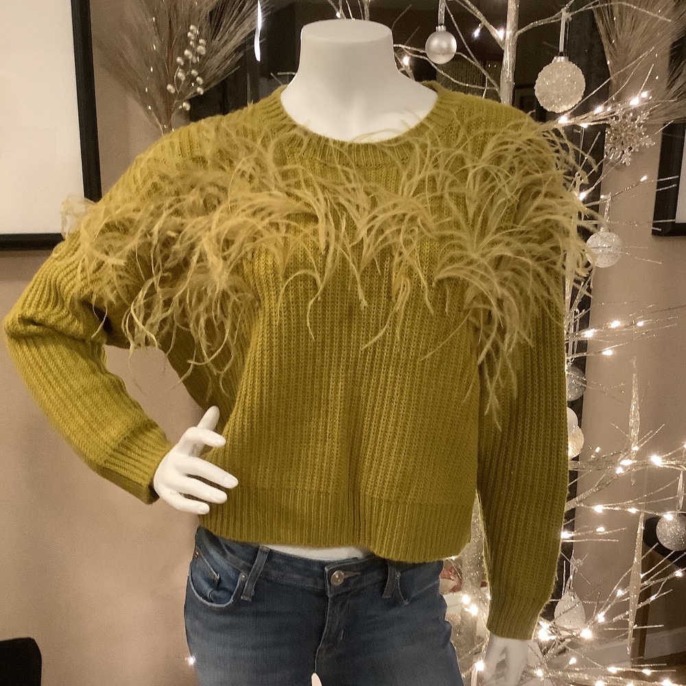 cinq a sept Olive Green Feather Trim Crewneck Sweater